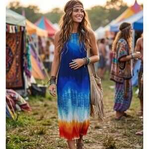 ⁠Stella & Julie Large Pleated Tank Maxi Dress Blue Orange Ombre Elegant Hippie